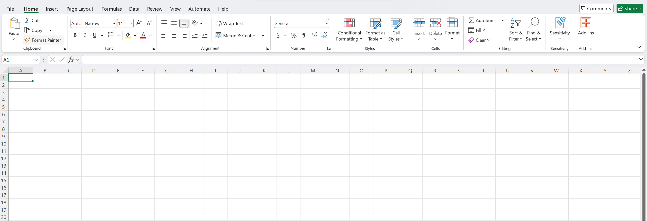 The Microsoft Excel interface: the Ribbon with its tabs at the top, the Name Box and Formula Bar below it, and the grid of cells with lettered columns and numbered rows.